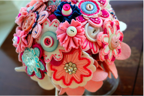 Megan makes nontraditional vintage felt and button bouquets and accessories